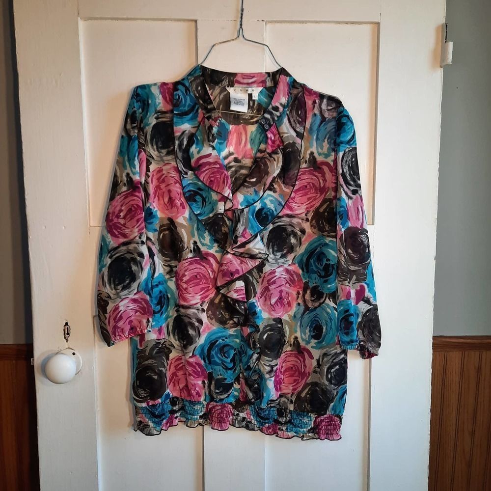 COMO Grey Pink Blue Floral Rose Ruffle Long Sleeve Lightweight Blouse XL